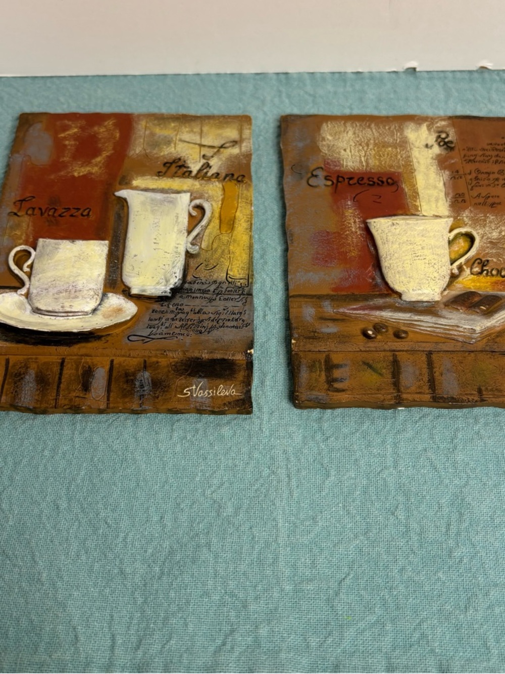 Coffee Cup Wall Art Set - White Cups on Rustic Brown Panels Signed S.Vassileva
